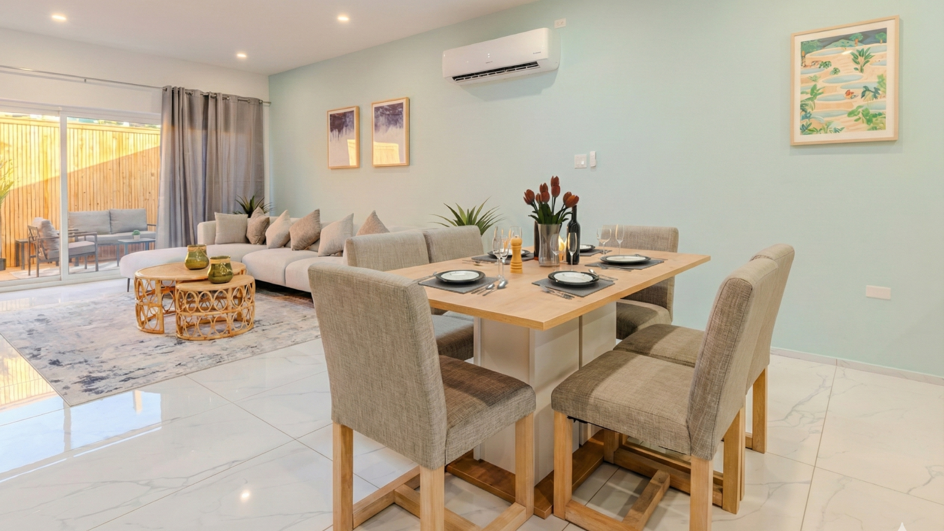 Dining Area Set for Meals & Conversations, Connected to the Living Room