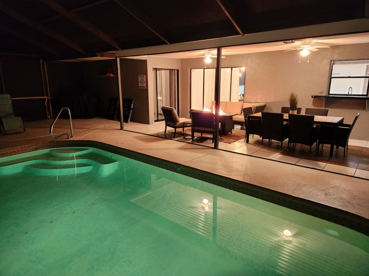 Pool area at night time. 