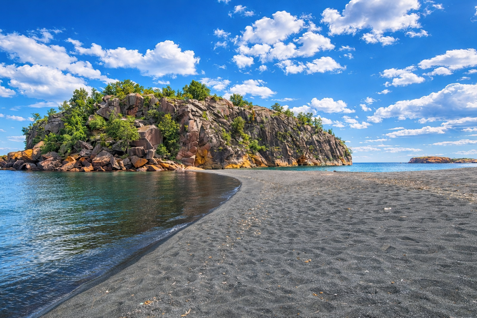 Black Beach in Silver Bay is a truly striking North Shore stop—dark, pebble-like sand meets the deep blue of Lake Superior in a way you won’t see anywhere else in Minnesota. The unique black “sand” comes from taconite tailings left from historic iron-ore m