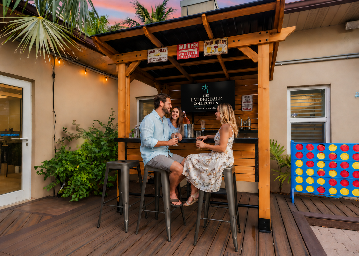 Step into your private entertainment oasis 🍹 — an inviting outdoor bar with a 50” TV, warm lighting, and fun games that set the scene for relaxing and connecting.