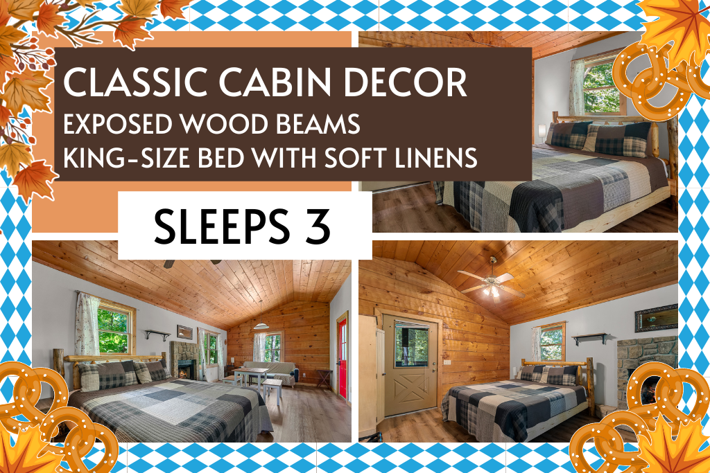 Cozy up in soft linens under exposed beams—sleeps 3 comfortably.