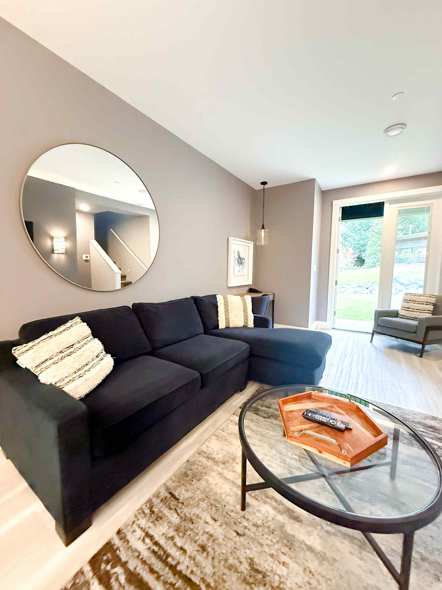 Queen sofa couch in living room.