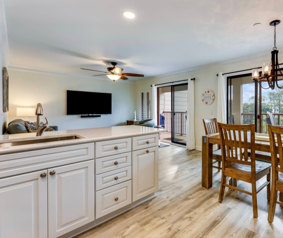 Open kitchen, dining and living area