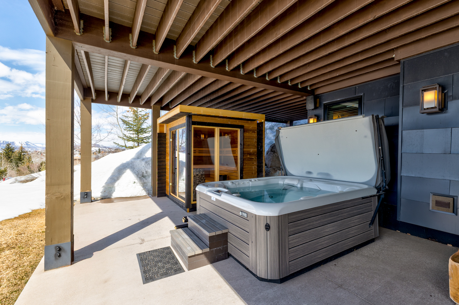 Lower Level Deck View- Hot Tub & Sauna