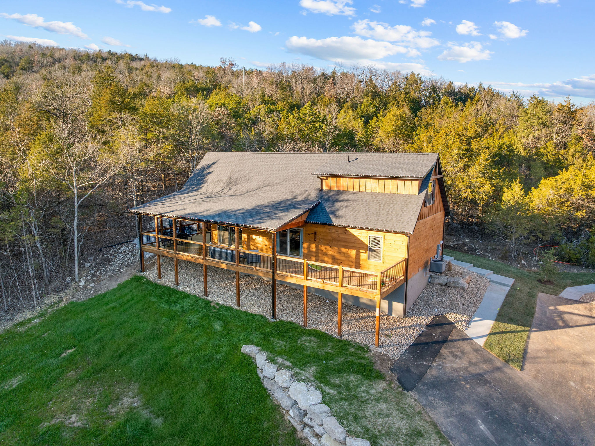 An elevated view highlighting the cabin and its spacious deck.