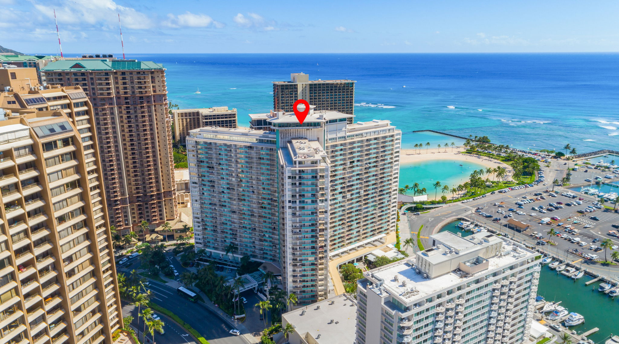 Aerial view of the iconic Ilikai Hotel renowned from the Hawaii Five-O television series
