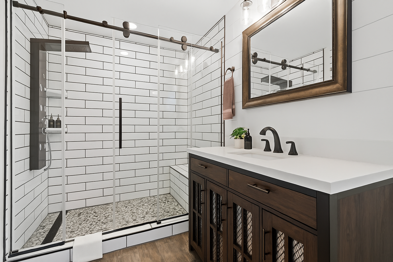 Spacious walk-in shower with subway tile and sliding glass doors—designed for comfort and style.