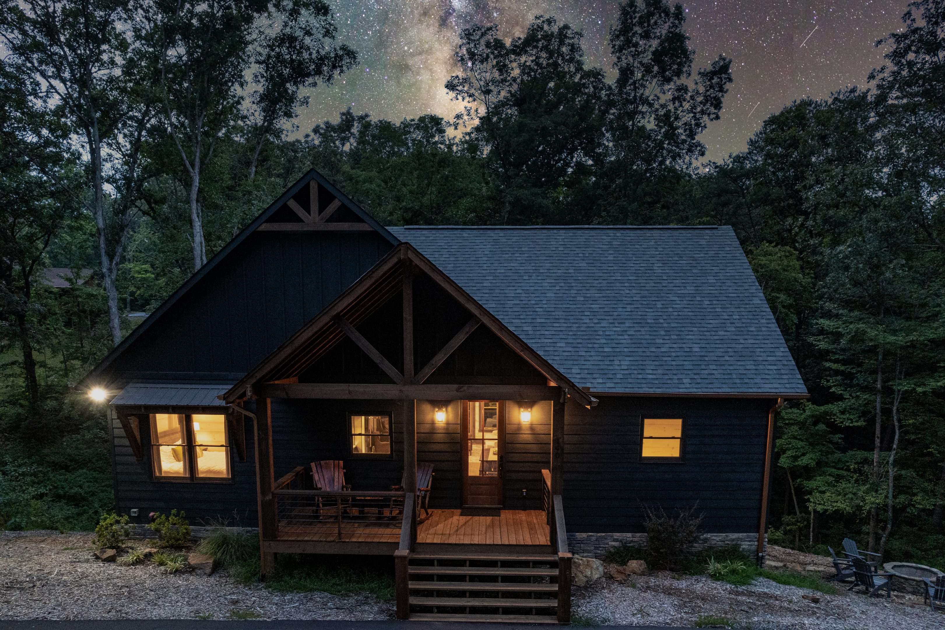 Evening view of front of cabin