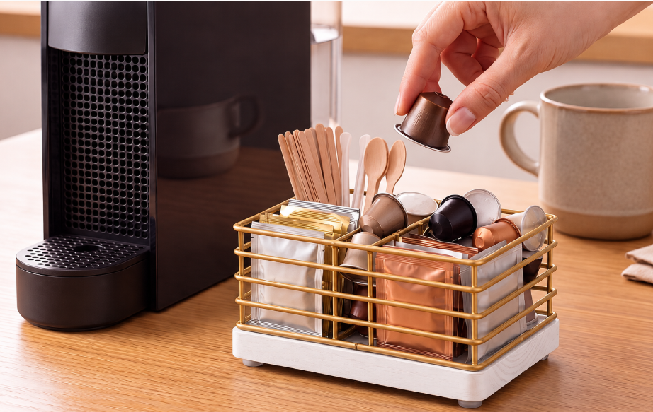 Coffee caddy with complimentary sweeteners, creamers and stirrers for easy vacation mornings.