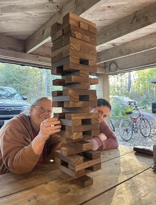 Jenga on the downstairs covered deck.