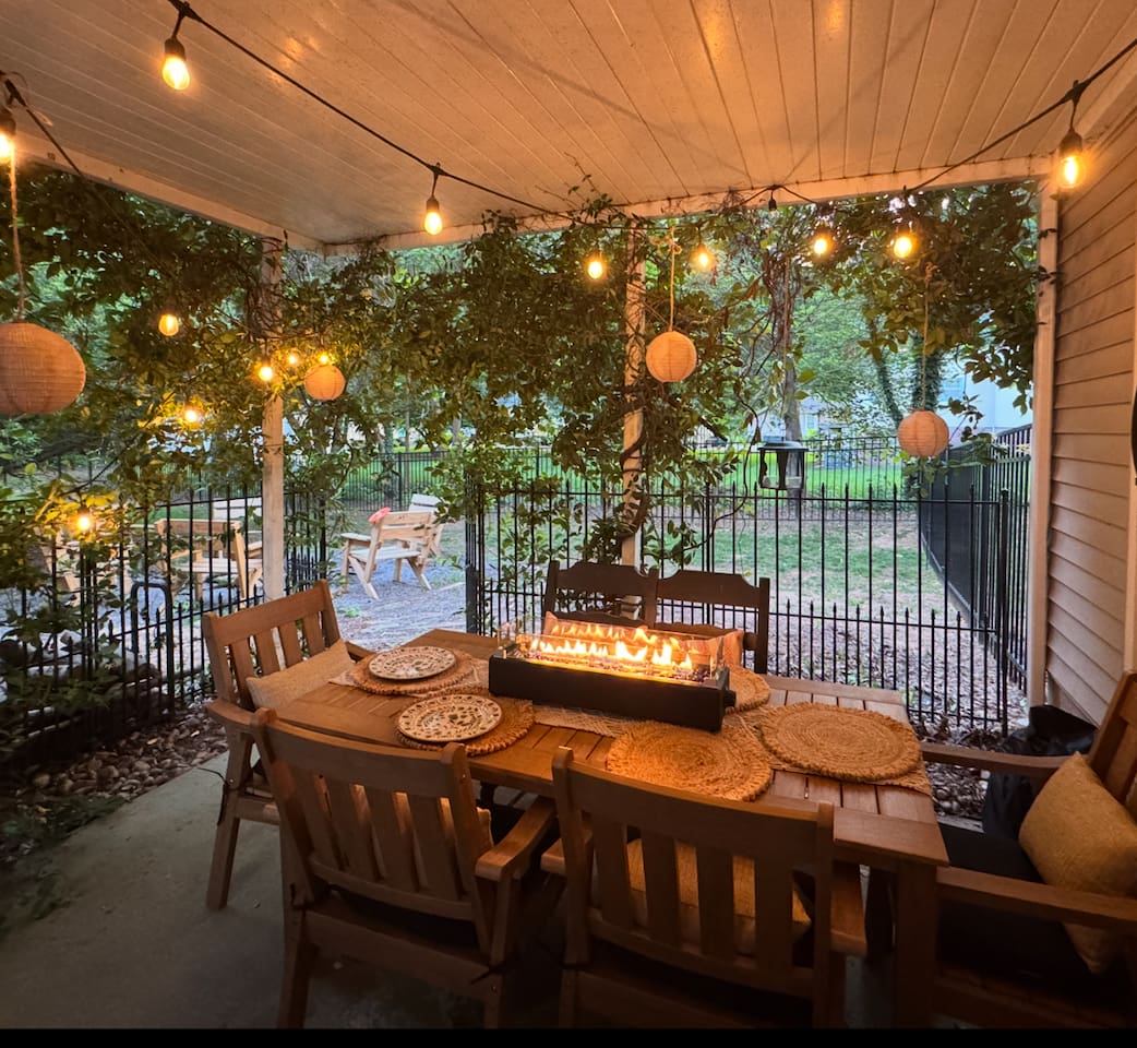 Relax in our shared breezeway area complete with fire table.  