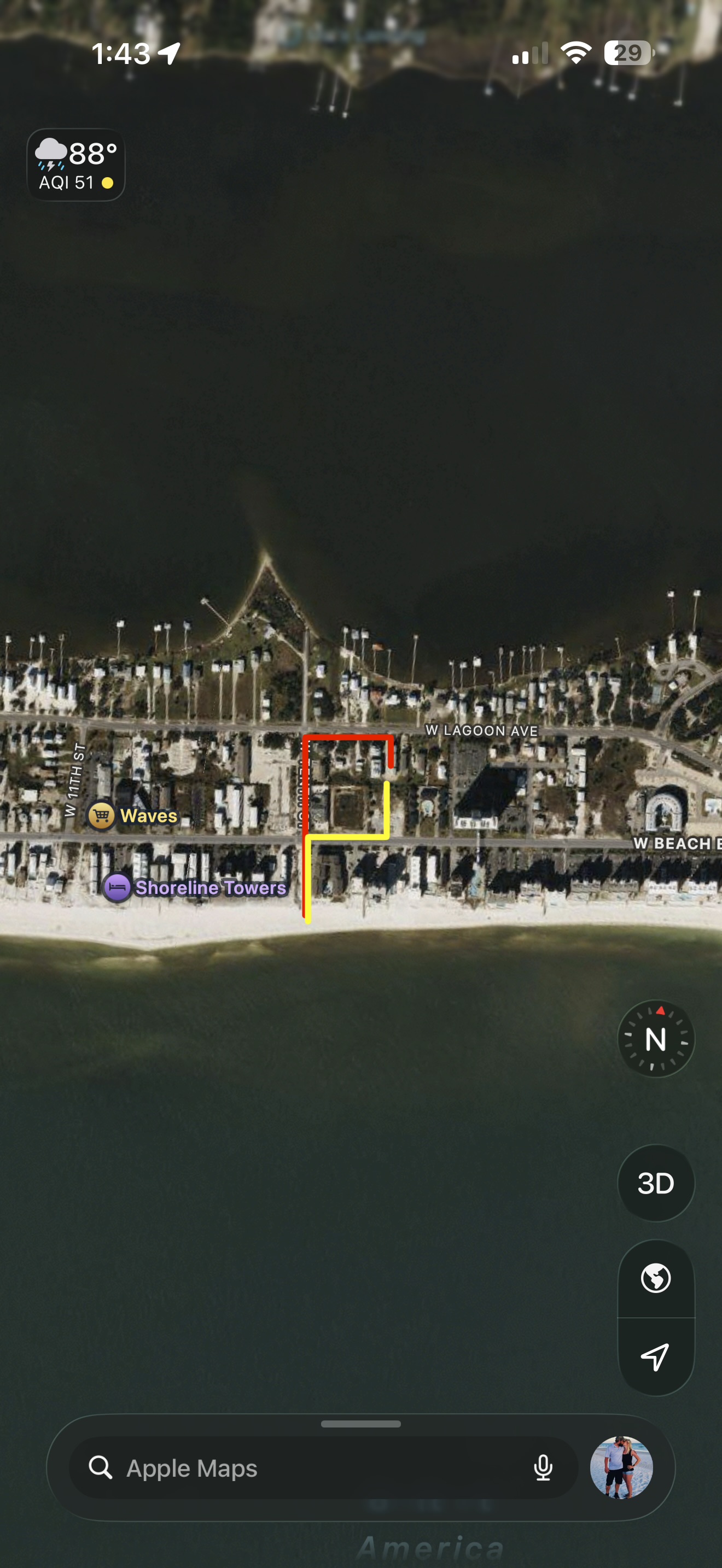 Red trail is street walk directly from the driveway to the beach. Yellow trail is a shortcut.  