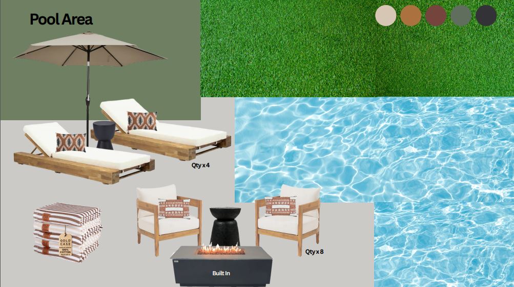 Infinity-edge pool and hot tub combo with loungers, cozy seating, fire pit features.