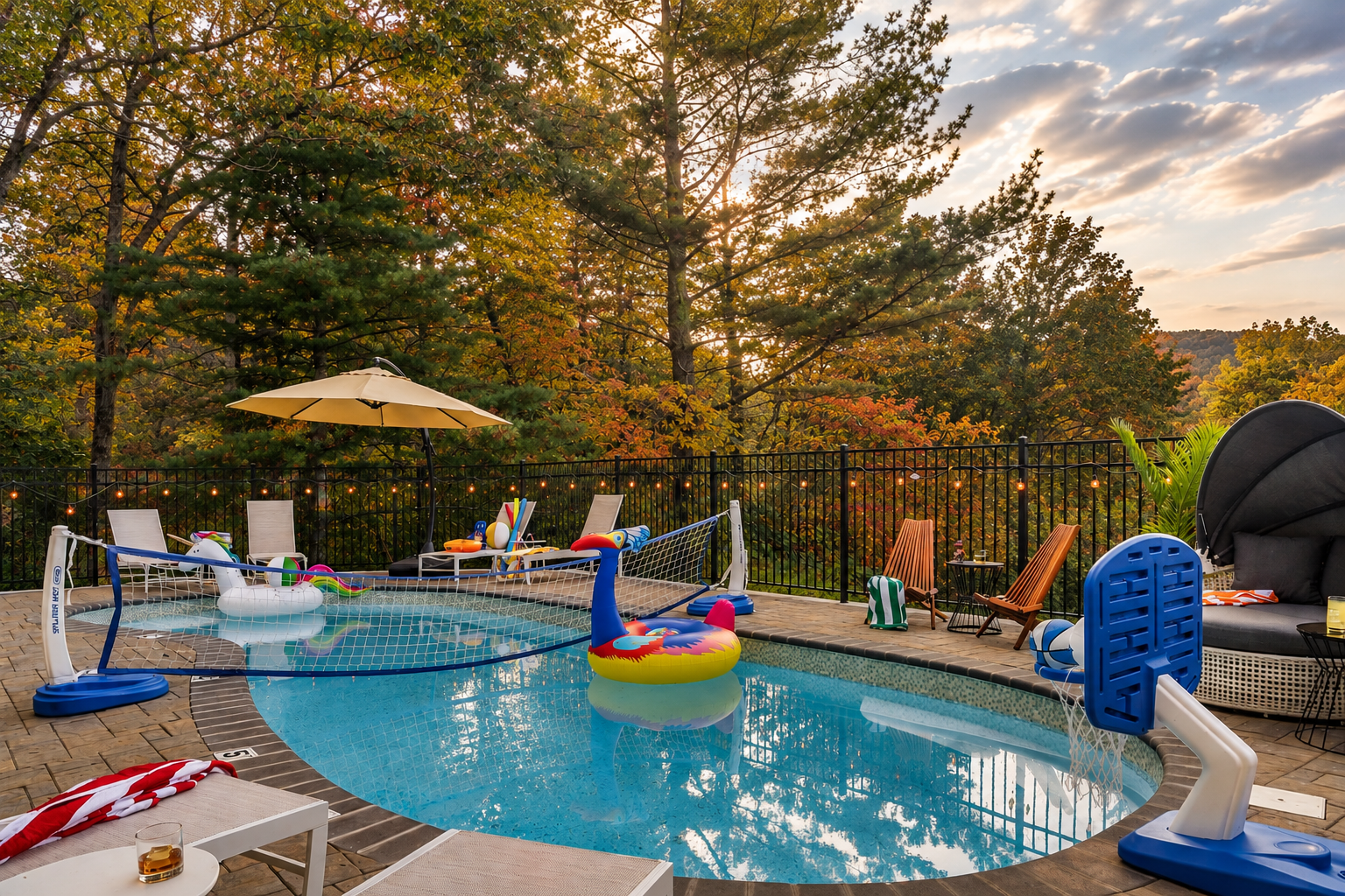 Cool off in the private pool while surrounded by beautiful fall colors and peaceful mountain scenery.