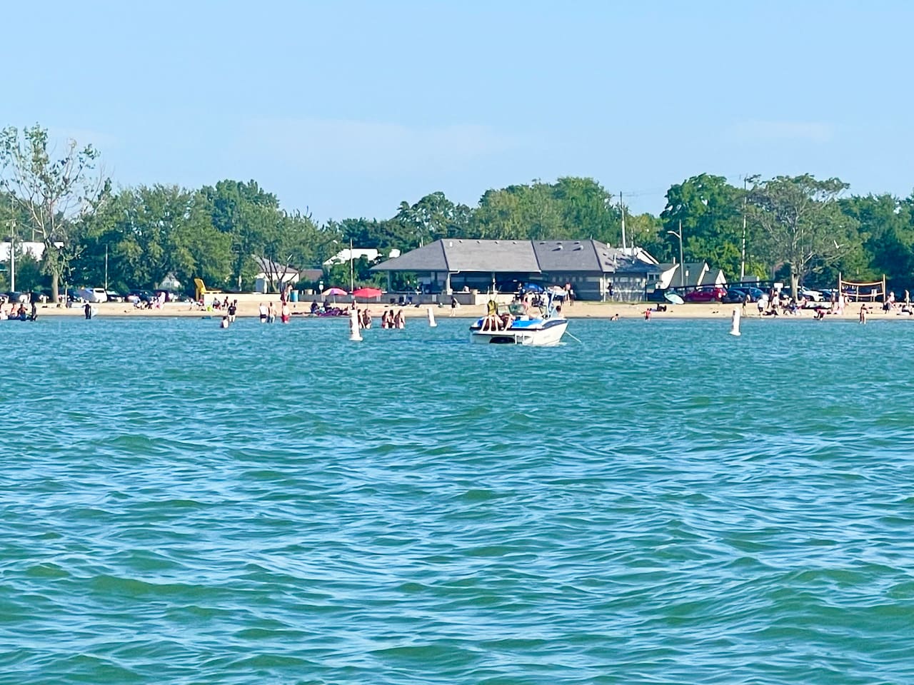 Boat view of the Sandy beach at Lakeview park west beach. 3 min drive