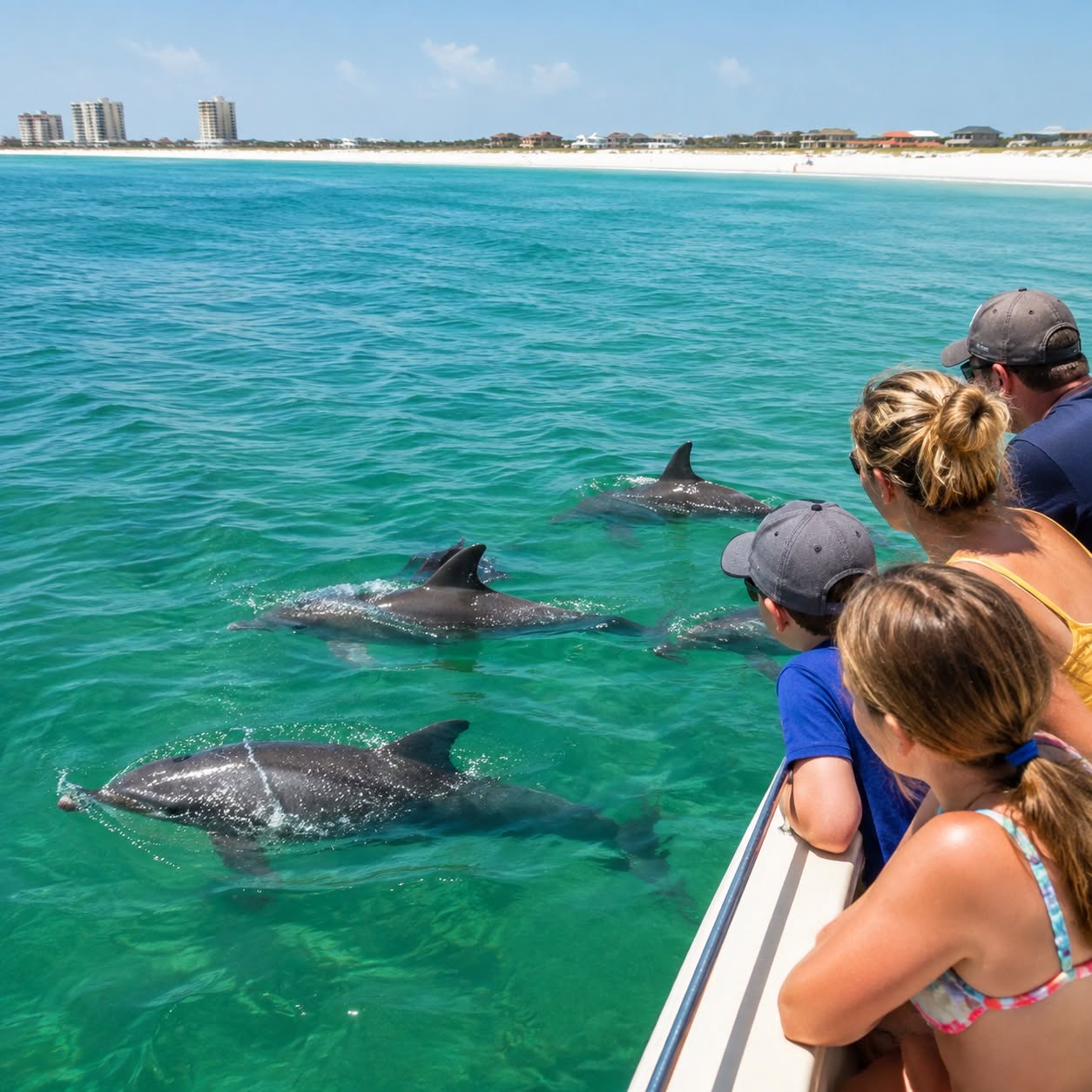 AI-created dolphin-watching illustration inspired by Panama City Beach boat tours. Tours booked separately; wildlife sightings are not guaranteed.