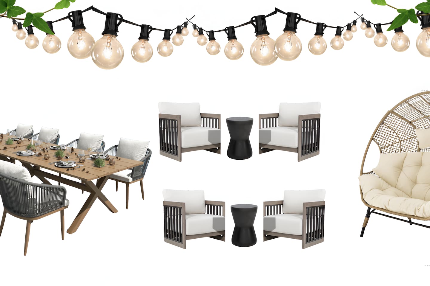 Host unforgettable alfresco gatherings in this expansive outdoor living space. Featuring a large patio dining table, modern club chairs, and a cozy wicker egg chair, all illuminated by bistro string lights for the perfect evening ambiance.