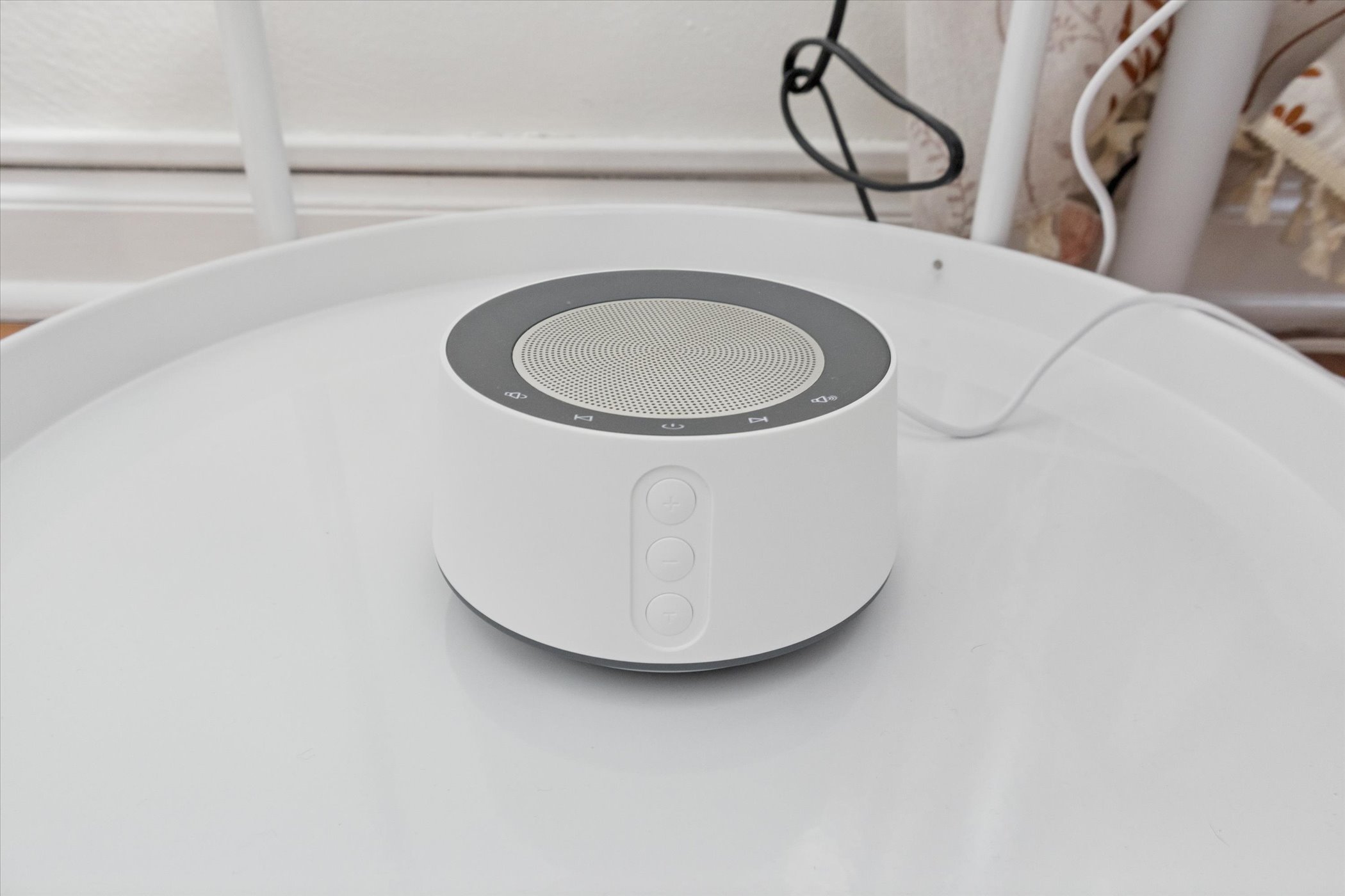 Rest easy—each bedroom in our South Bend guest retreat features a white noise machine like this one, offering soothing sound options for peaceful sleep near Notre Dame.