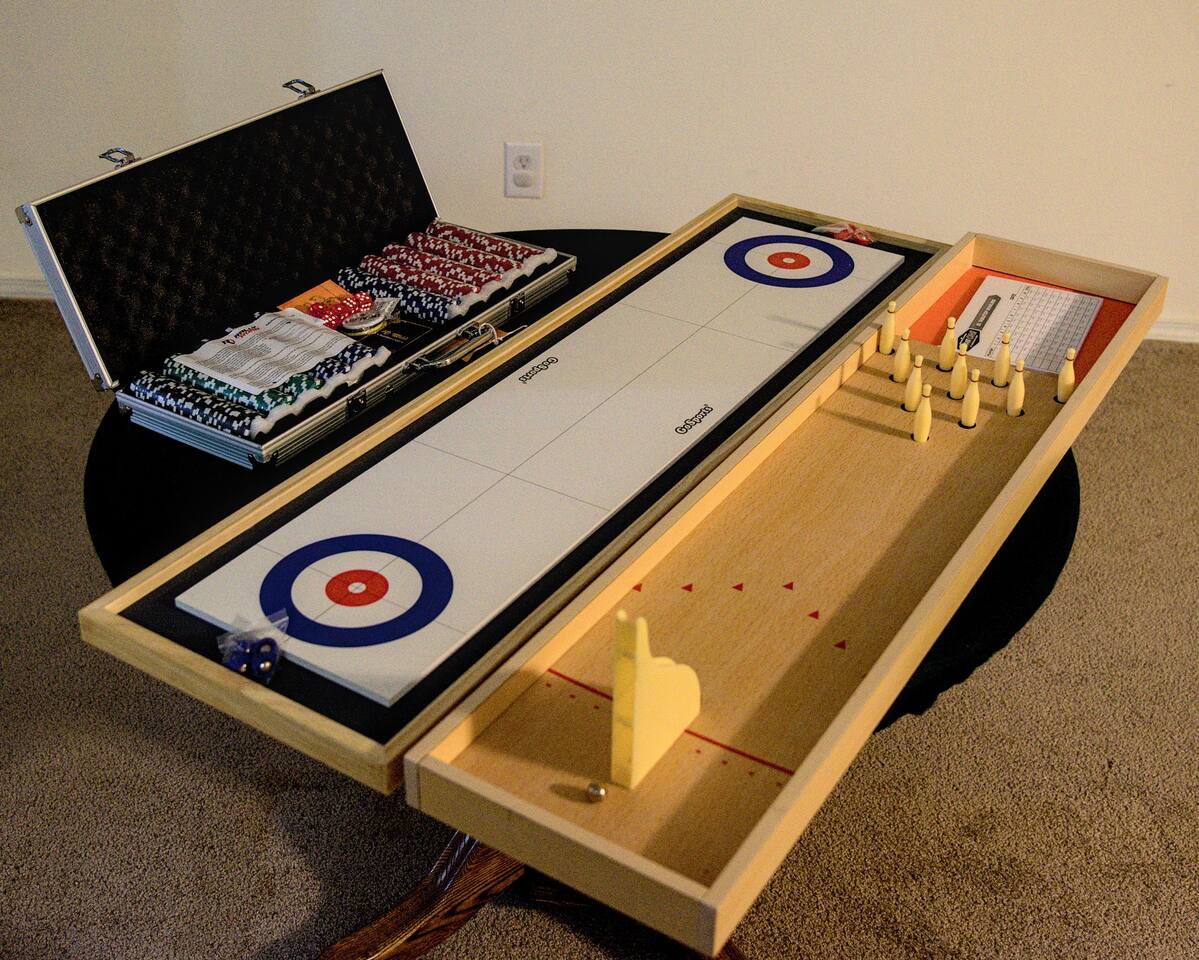 Experience timeless fun for both kids and adults with the classic games such as Shuffleboard cum Curling 2-in-1 Board Games and Bowling Game Set.  we also provide poker table and complete poker chip sets.