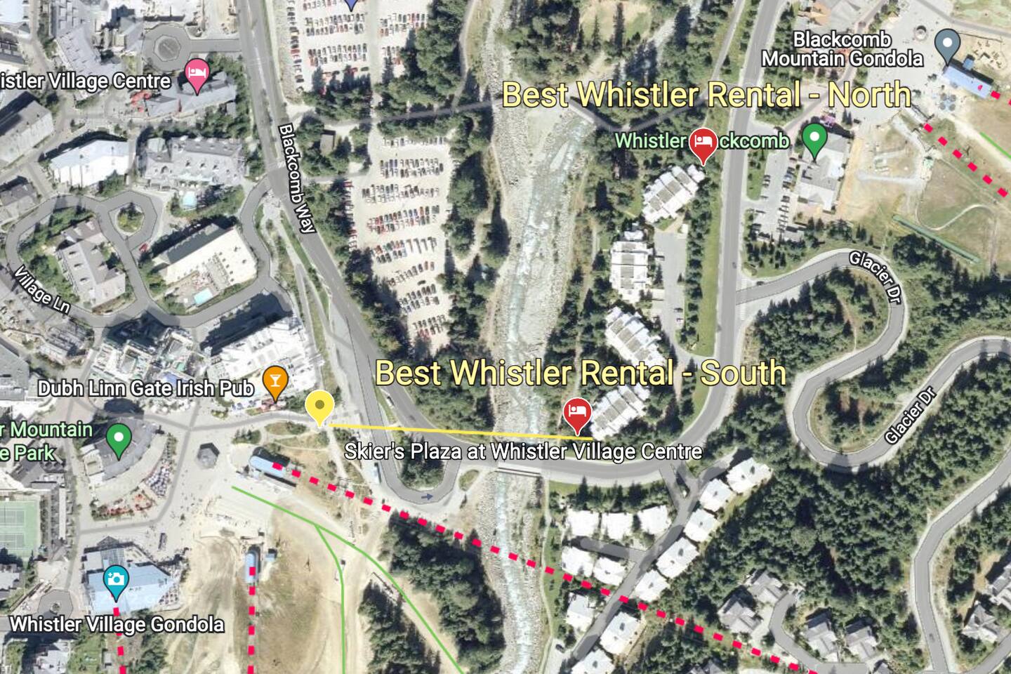 Best Whistler Rentals. Two 4 bedroom End Unit Townhomes. The south "Skier's Plaza" Townhome is directly across from the base of Whistler. The north "Blackcomb Gondola" Townhome is directly across from the base of Blackcomb.  Less than 160m from lift