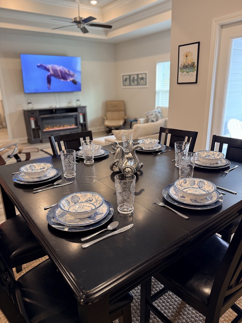 Spacious dining table ideal for family gatherings.