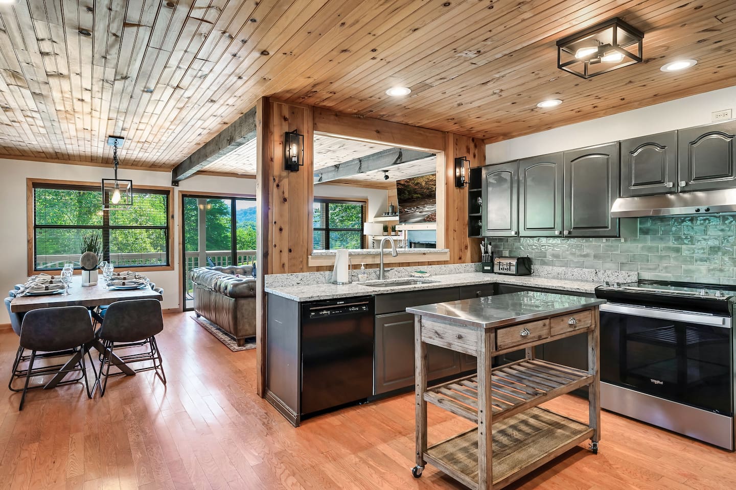 kitchen from the side door and staircase to upper level