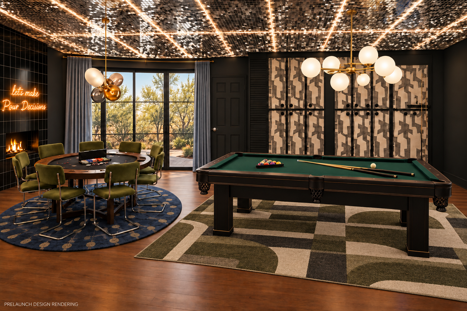 {Game Room 🎱} Firebird’s Vegas lounge brings the wow—pool, poker, and a shimmering mirrored ceiling made for unforgettable game nights. ✨