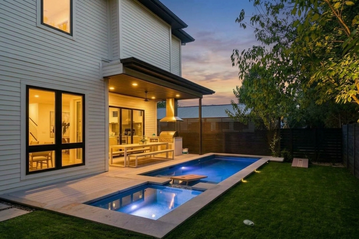 Evening ambiance sets the scene by the pool as the sun goes down.