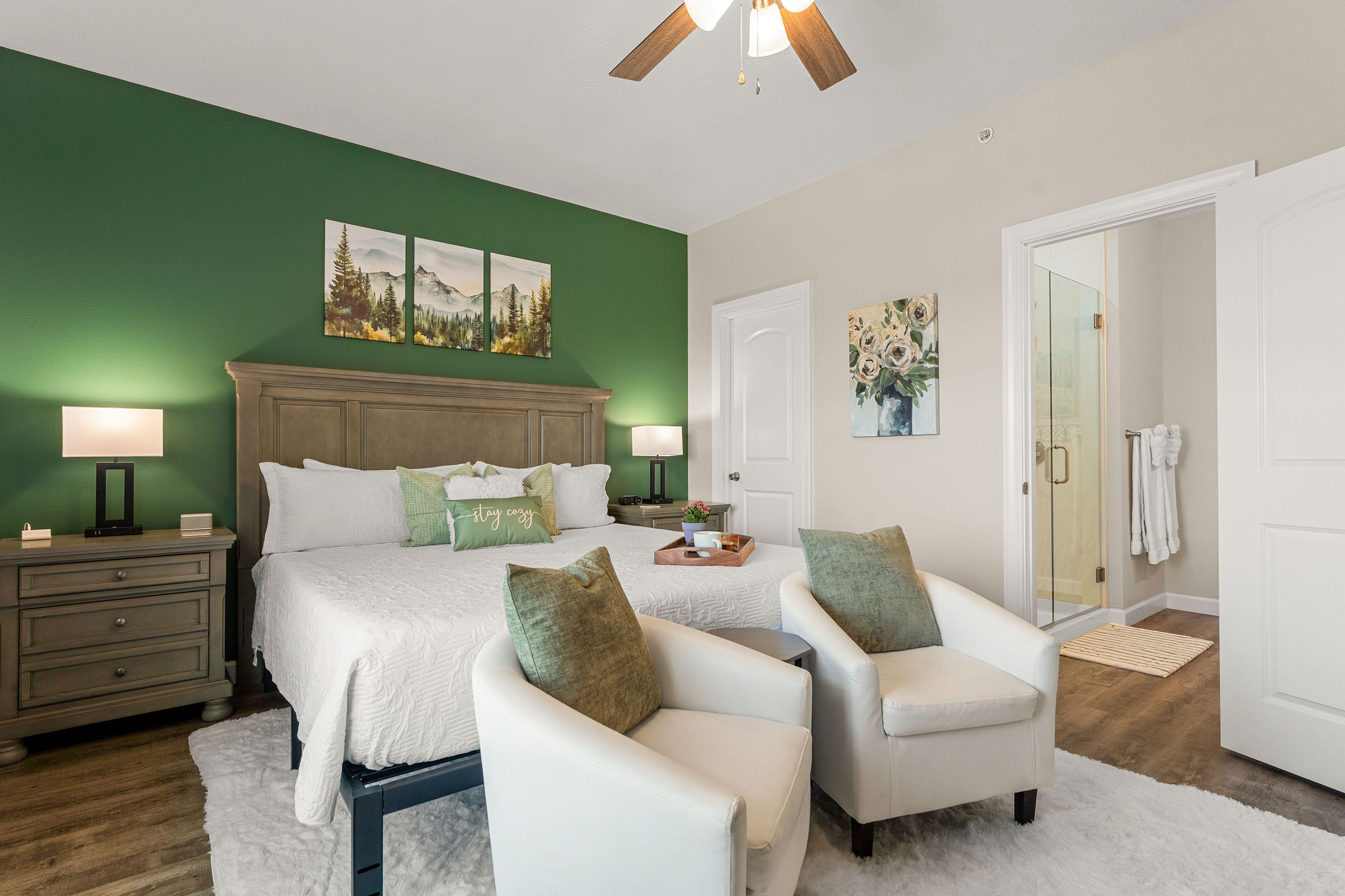 Walk-in closet, full bath, large Smart TV, sound machine and USB chargers.