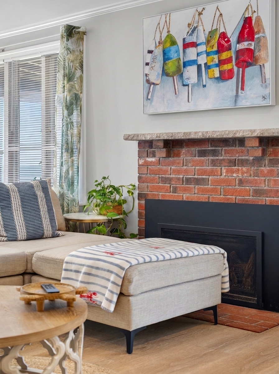 A cozy spot beside the brick fireplace, perfect for reading or relaxing after a day at the beach.