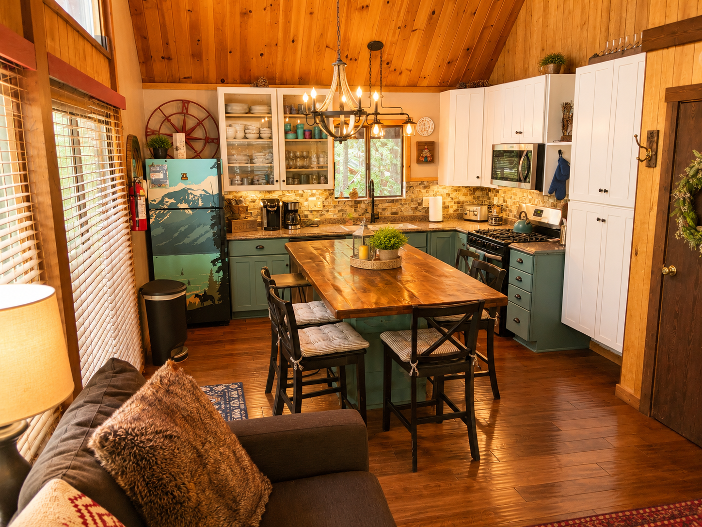 We have a large center island which also serves as seating for 7.  In the summertime we have dining seating setup outside on our deck as well.  