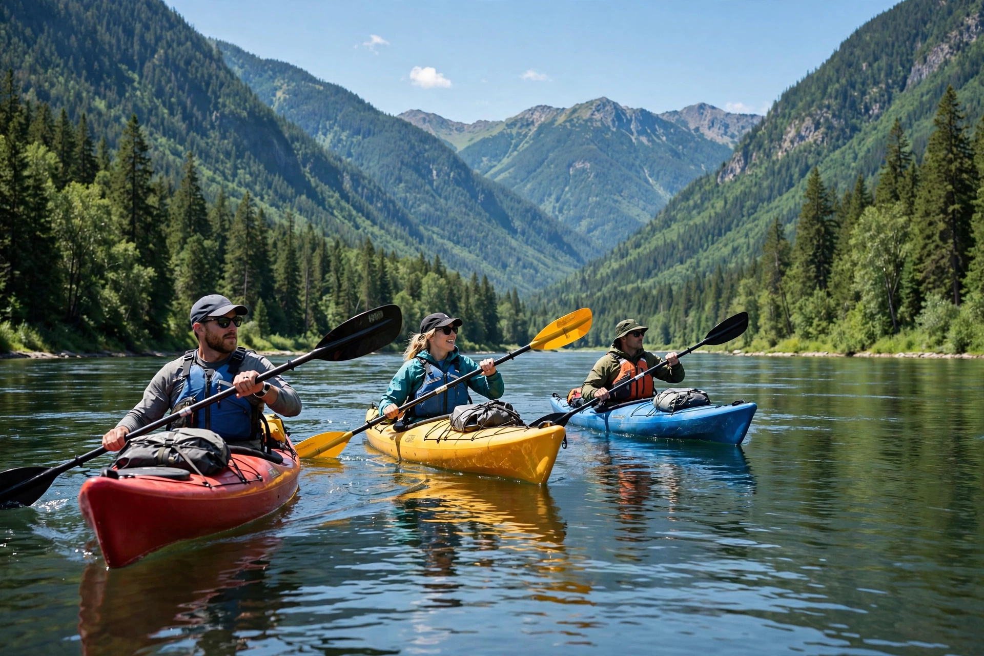 Kayakers on the Delaware River between forested mountains