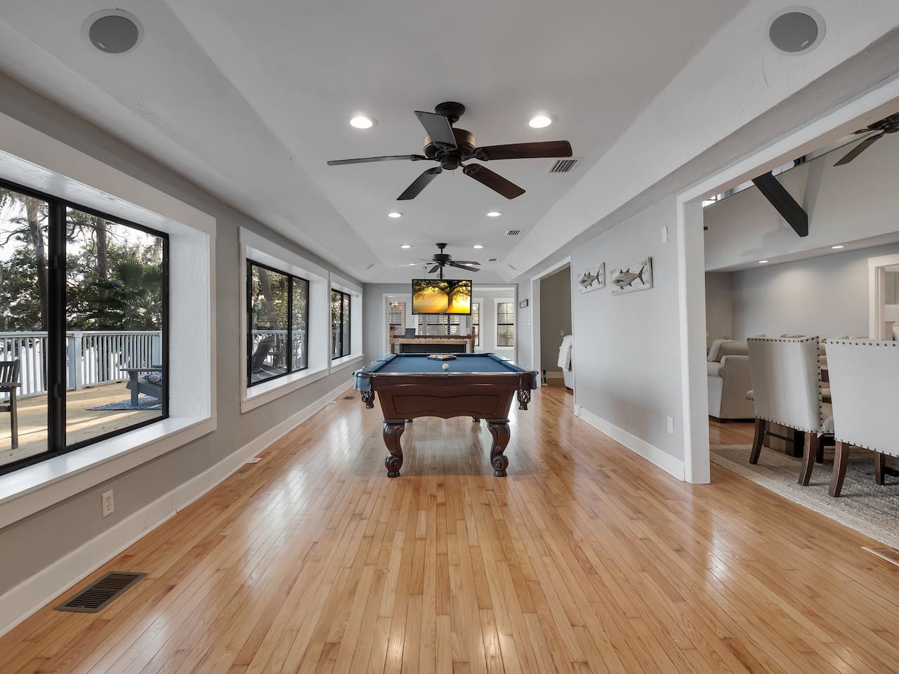 Pool table, lake view, stool seating, tv