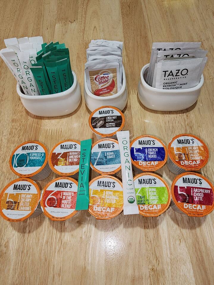 Coffee, tea, and hot chocolate provided. Along with sugar & creamer.