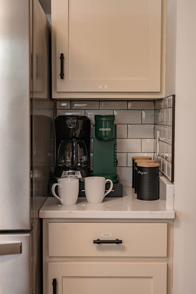 Coffee station with both Keurig and drip coffee. All coffee, sugar, tea and other essentials are provided.
