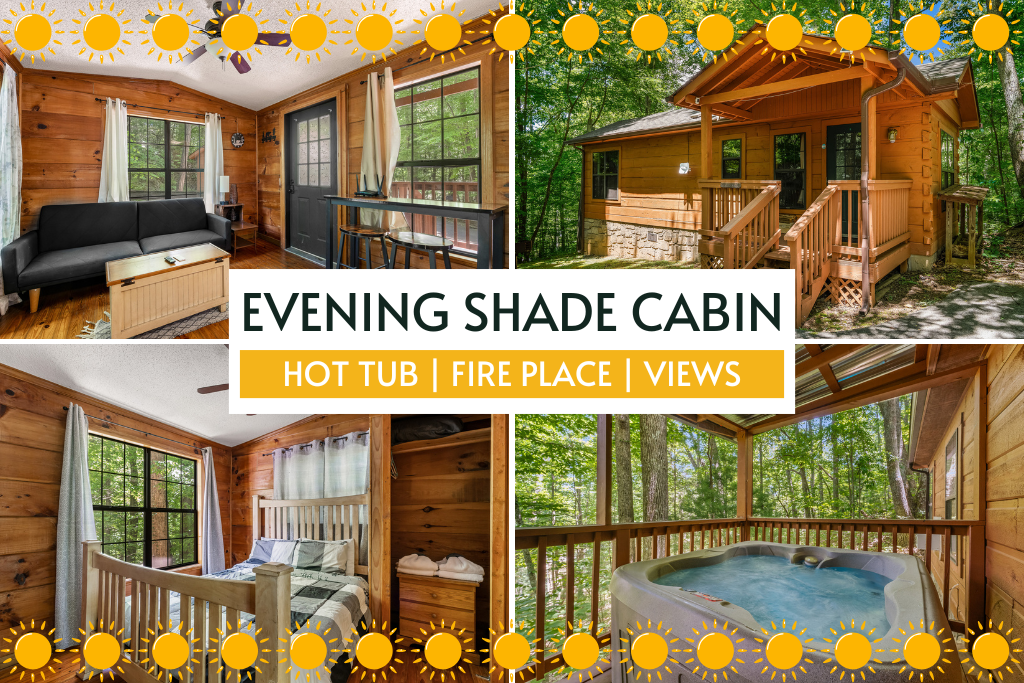 Evening Shade Cabin features a cozy fireplace, hot tub, and scenic views.