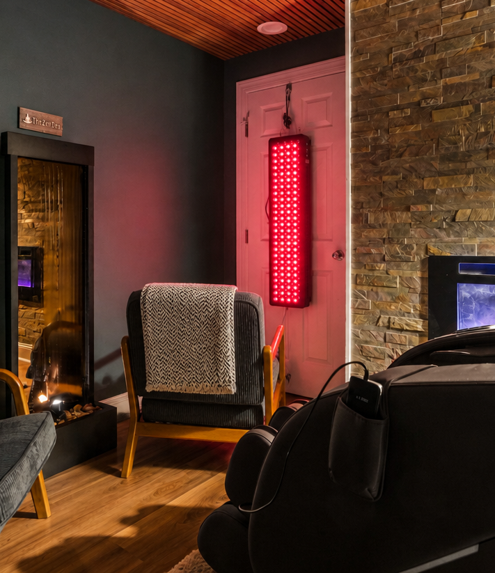 Red light therapy in The Zen Den adds a spa-inspired wellness touch, sit or stand for a calming, restorative session in a warm, soothing setting