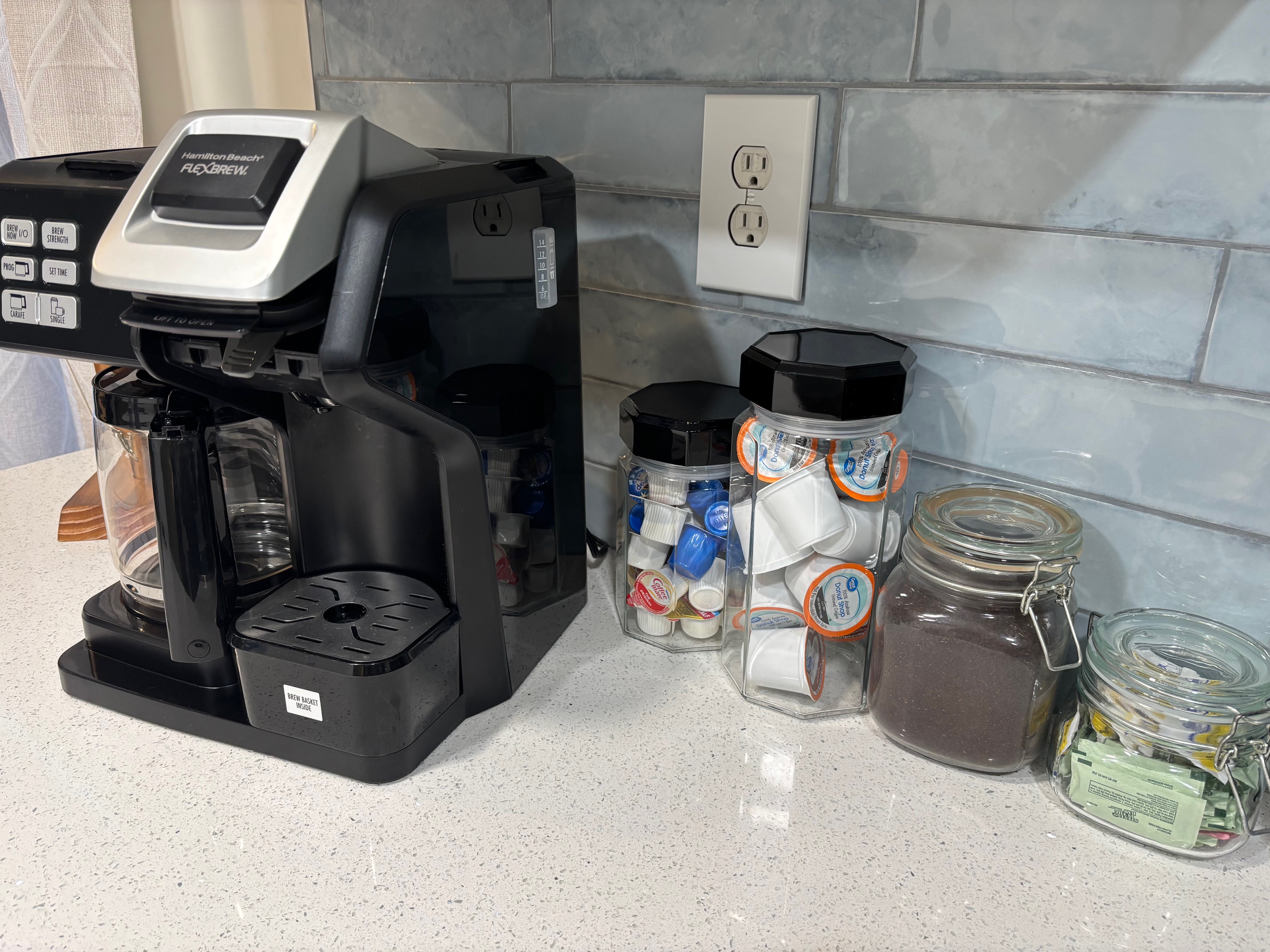 Grounds, K cups, creamer, and sugar/stevia packets for your morning brew