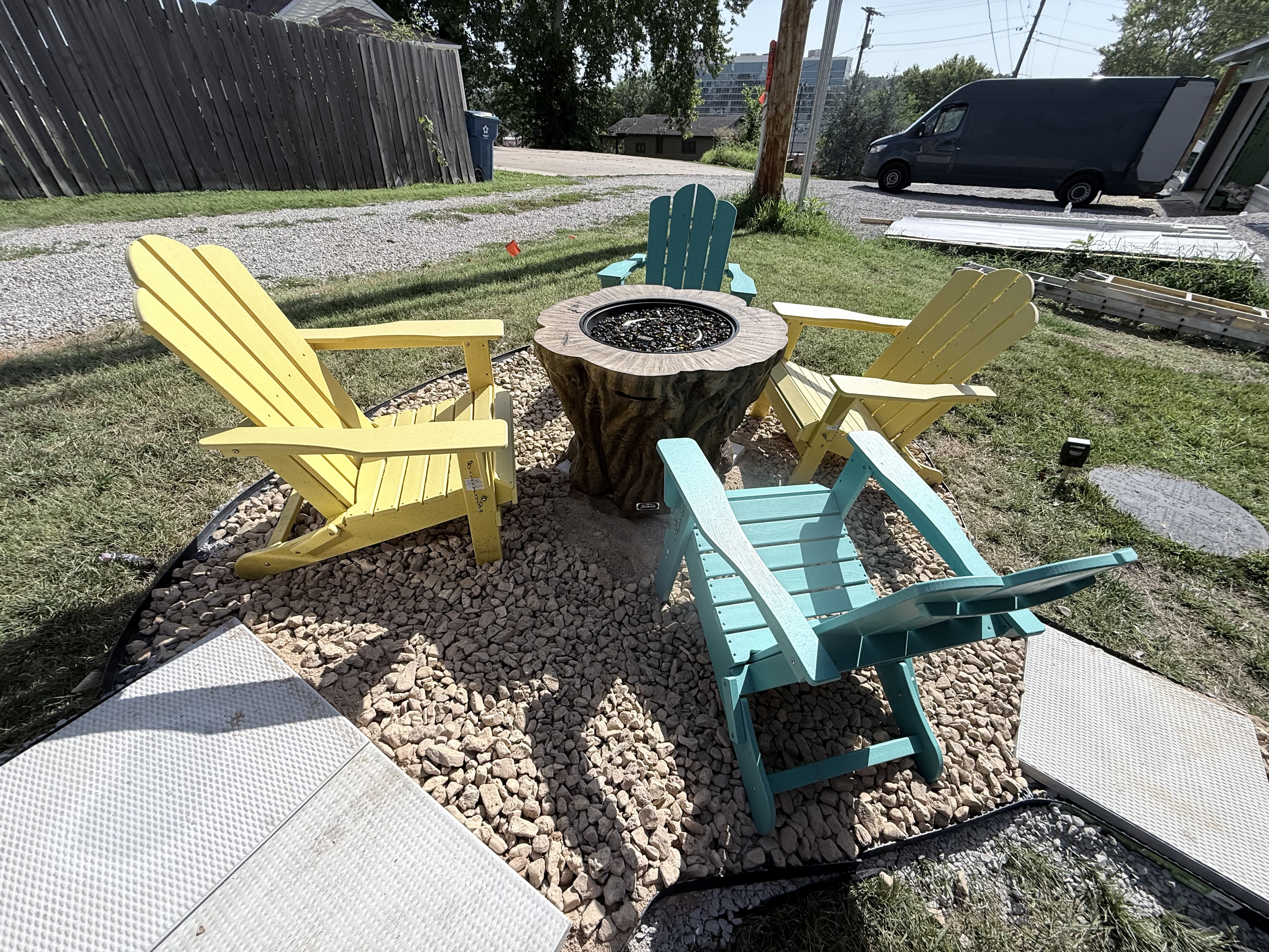 Propane stump shaped fire pit. No firewood needed.