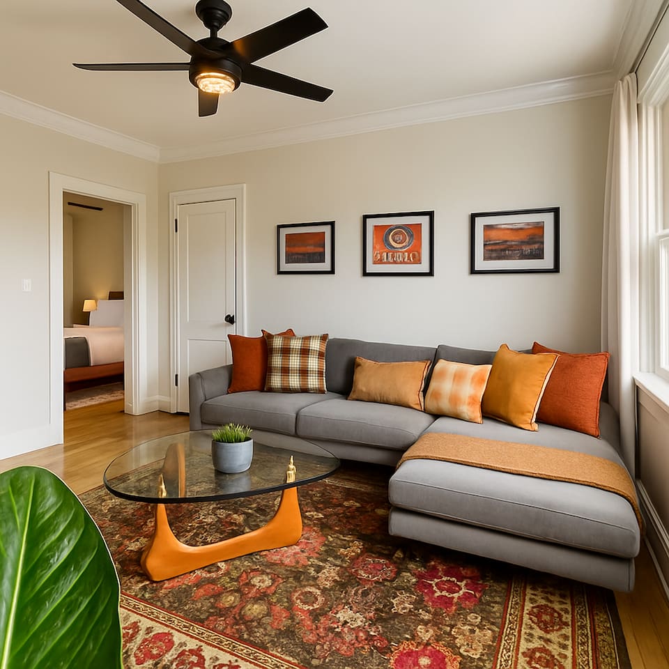 Spacious living area designed for relaxing after a full day exploring Chicago.