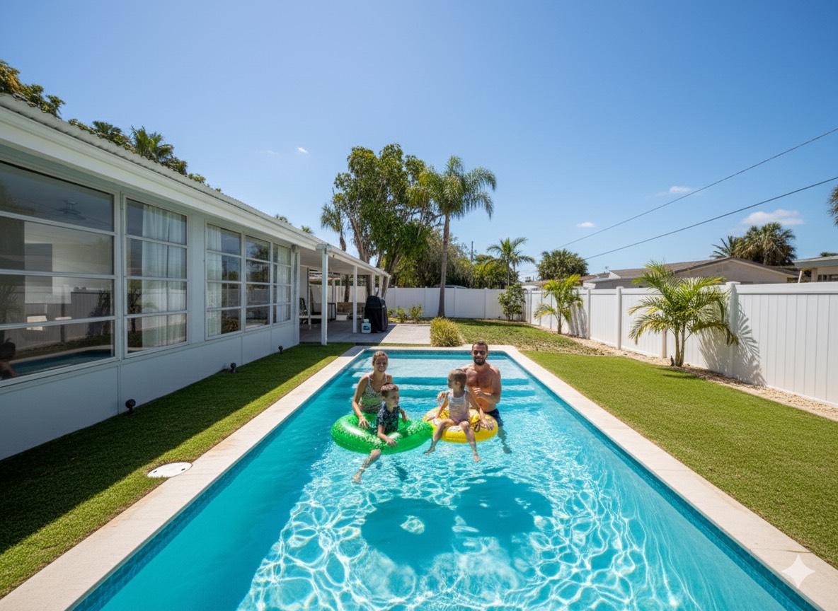 Guests enjoying a sunny day in the heated saltwater pool, surrounded by sun loungers and a fully fenced private yard — the perfect Florida escape.