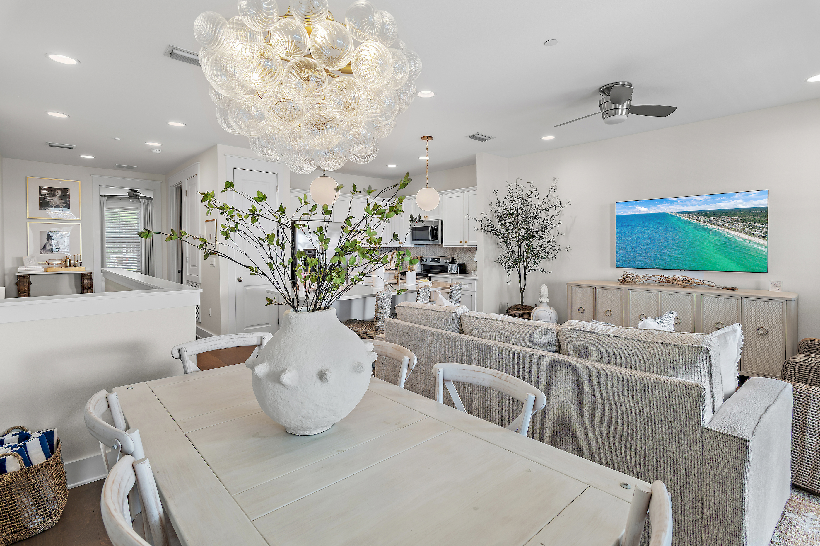 Spacious dining room table for 6 plus bar stools for 3 additional seating