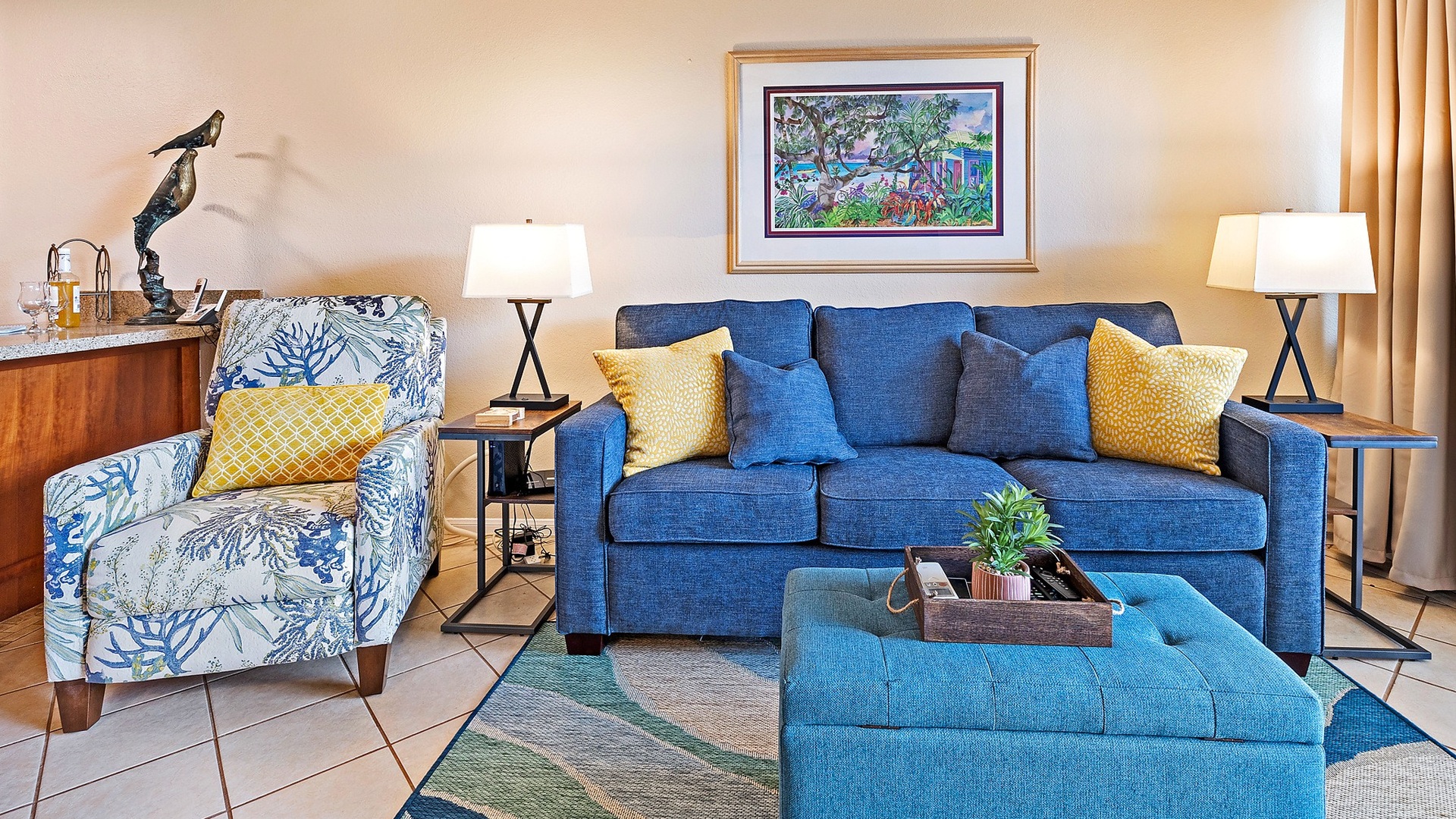 Comfortable queen sofa sleeper and lounge chair.
