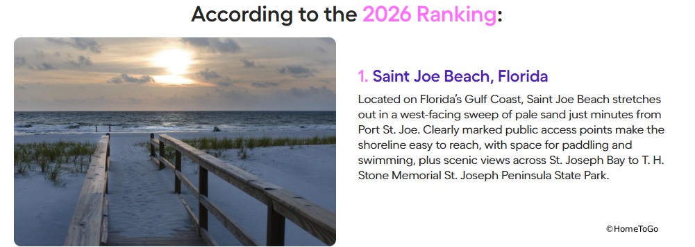 St. Joe Beach named the #1 beach on the 2026 U.S. Beach Index and only minutes from Turtle Bay!