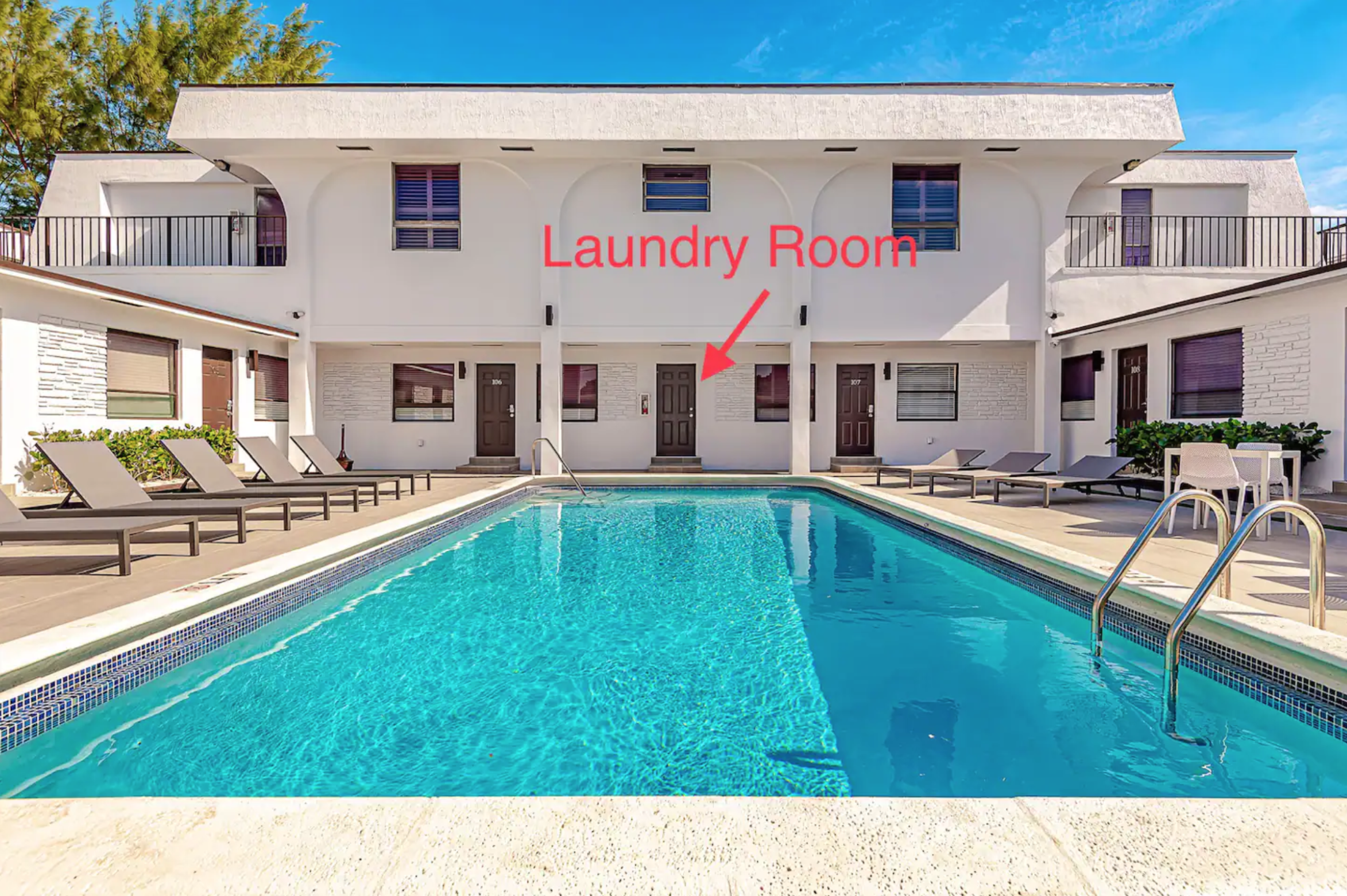 Shared laundry available daily 24/7. Alternative entrance in the back. Coin-operated washers $2/cycle. Dryers are free of charge.