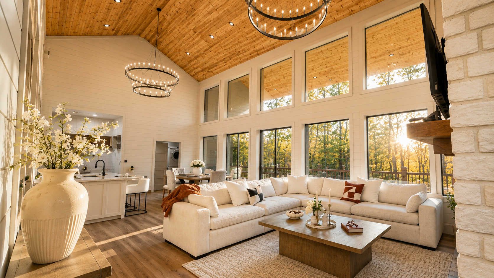 Great Room: Sunlit space with stunning views, perfect for gatherings and relaxation by the fireplace!