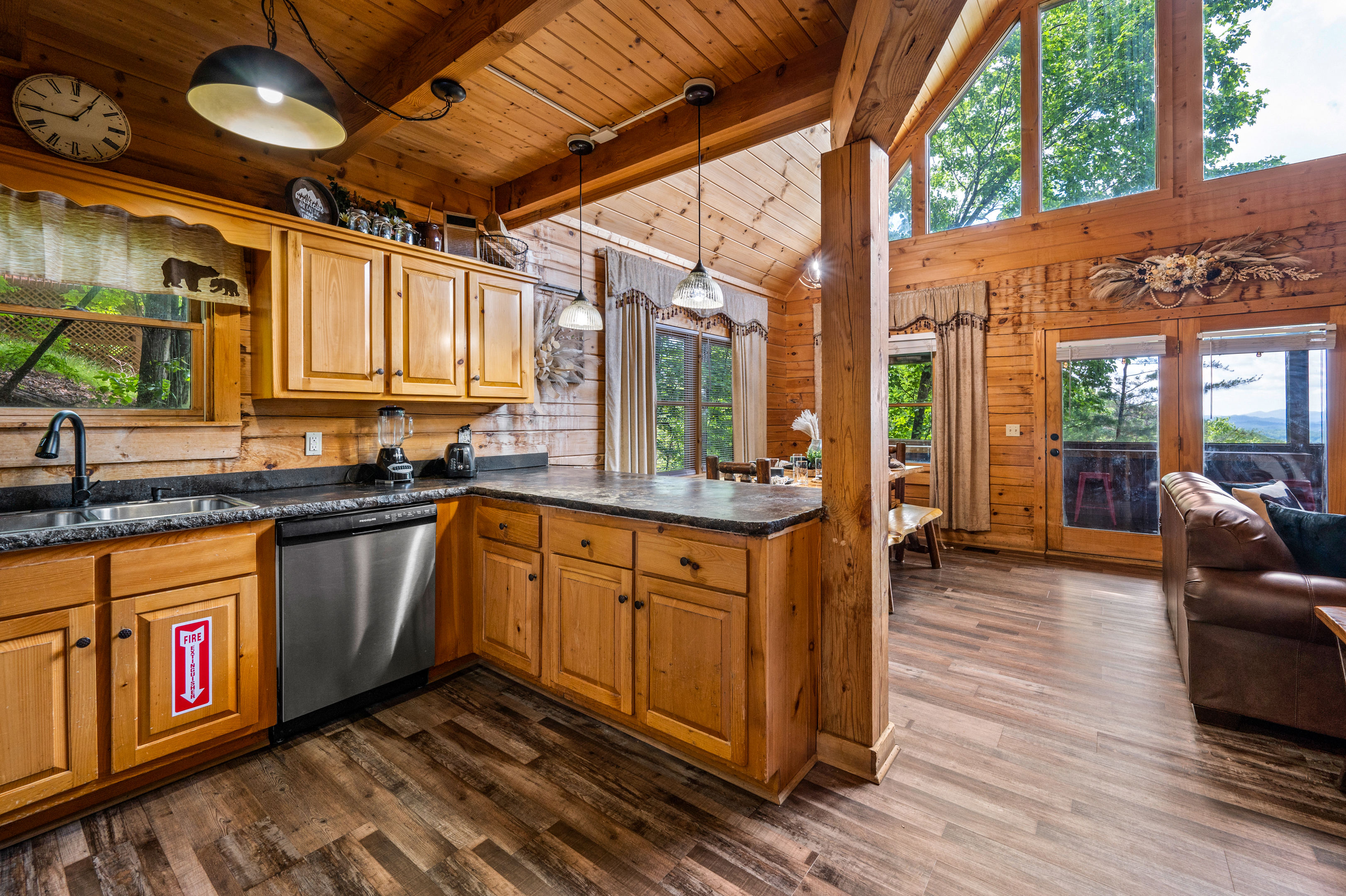 Take the stairs from the lower level to the open floor design of the main floor.