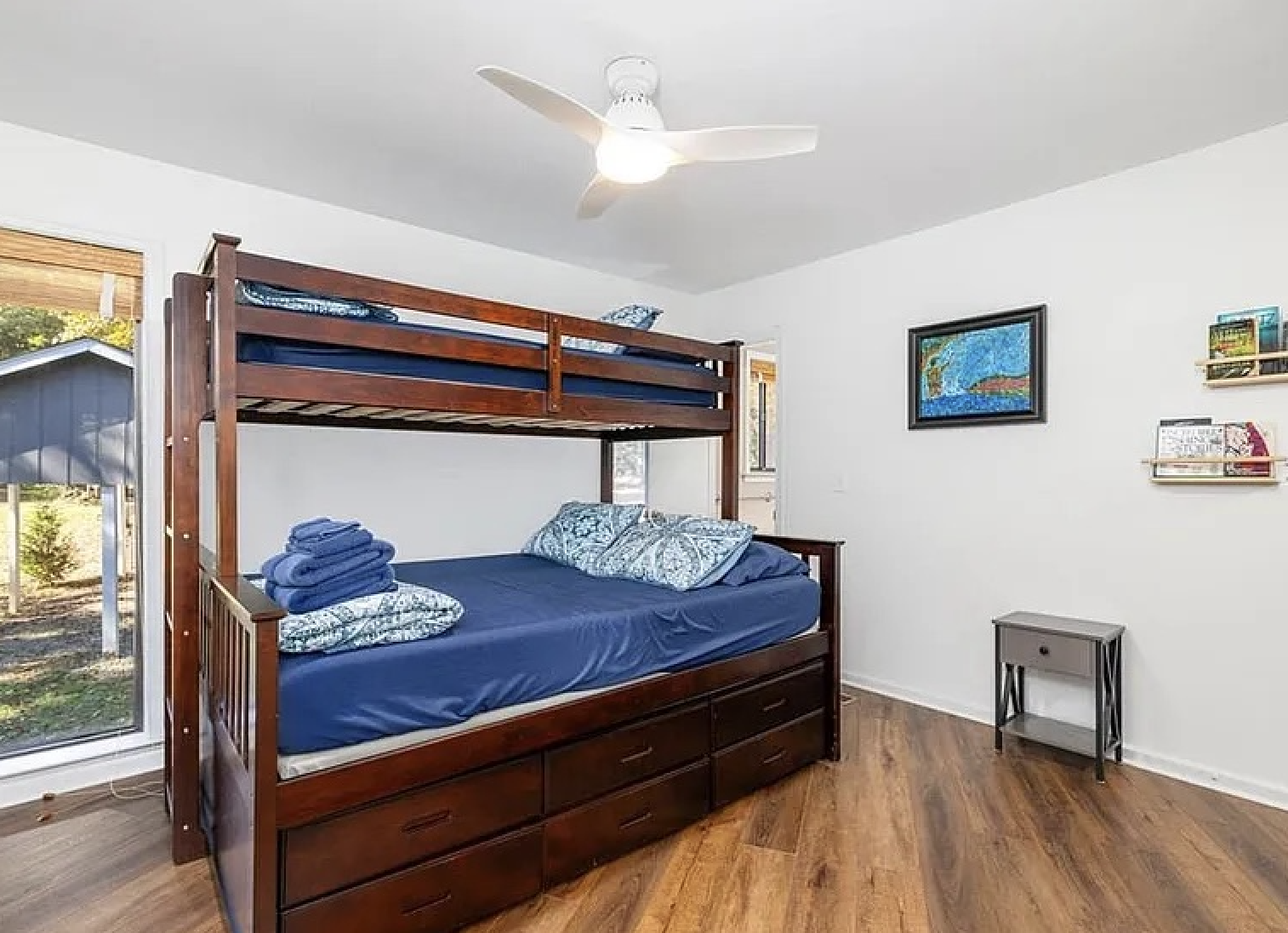 New updated pictures of room arrangement coming by Feb 15. Bunk beds no longer applicable. This room is queen bed with a pull out trundle!