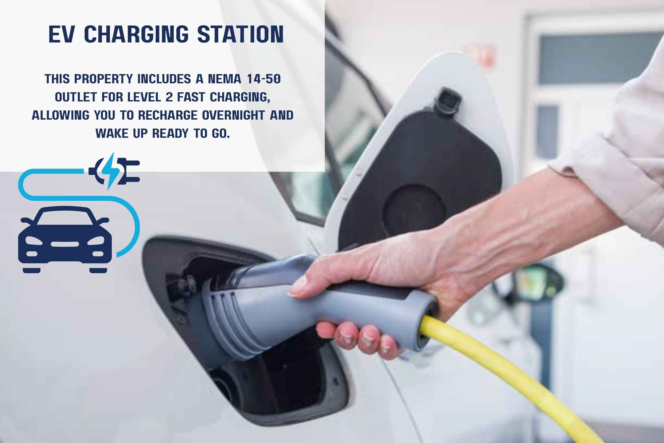 Traveling with an electric vehicle? We’ve got you covered.
This property includes a NEMA 14-50 outlet for Level 2 fast charging, allowing you to recharge overnight and wake up ready to go. No hunting for public charging stations. No waiting in parking lots