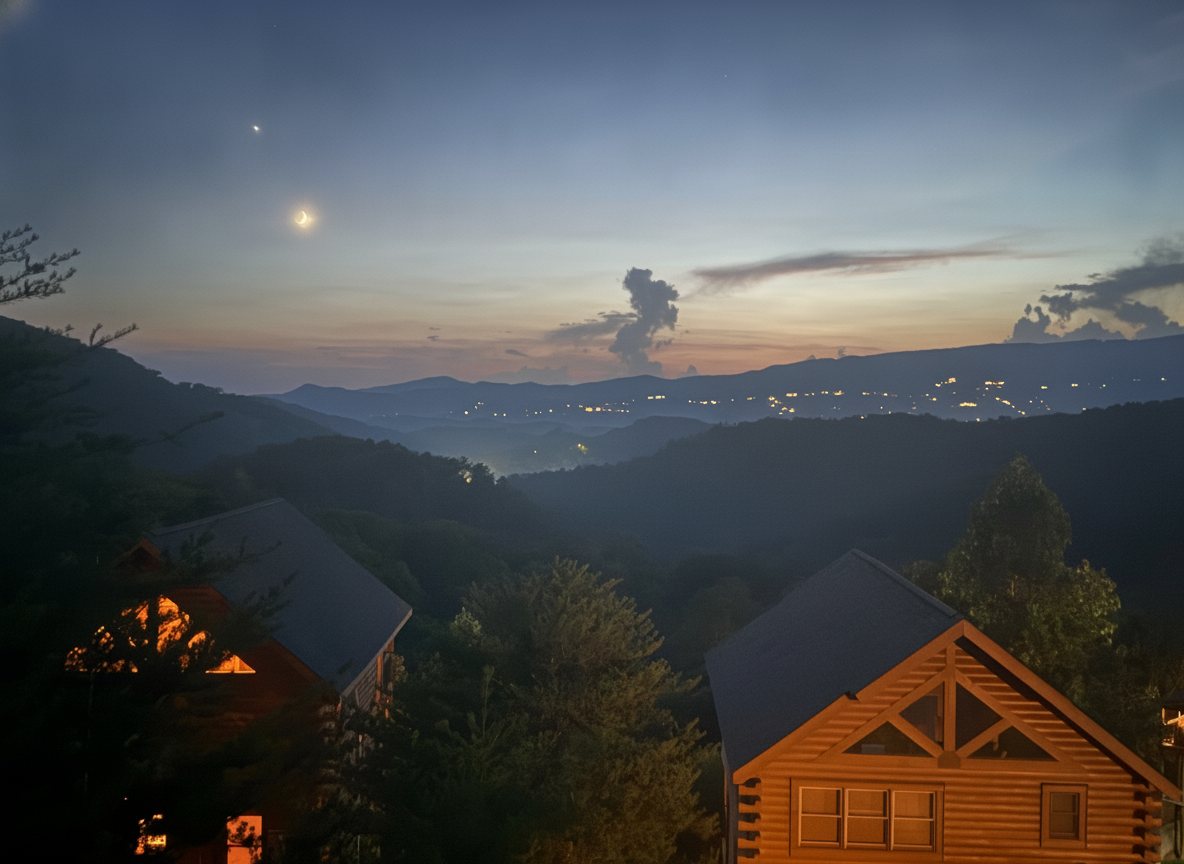 Watch the sun set over layered mountain ridges while town lights twinkle below
Evenings on the deck: sunset skies, a crescent moon, and the whole valley glowing